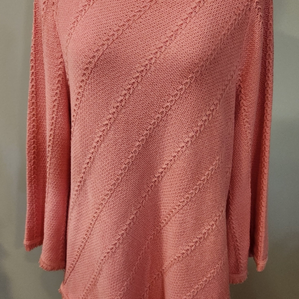 Chicos Scoop Neck Fringe Hem Pullover Sweater Coral Conch Shell Sz 2 NWT $89.50